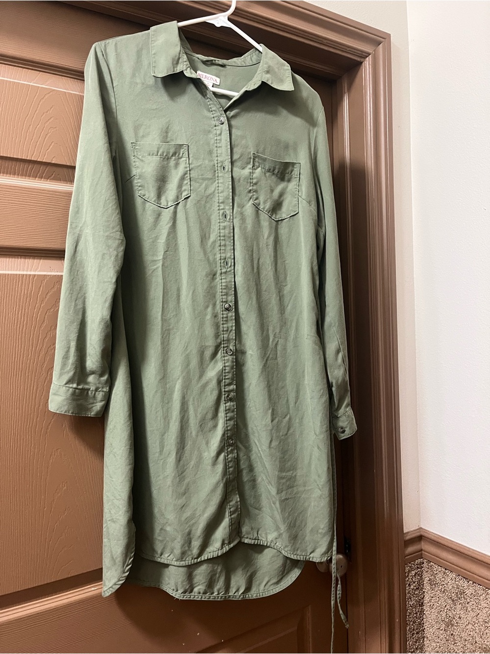 Merona Olive Green Button-Down Long Sleeve Shirt Dress
